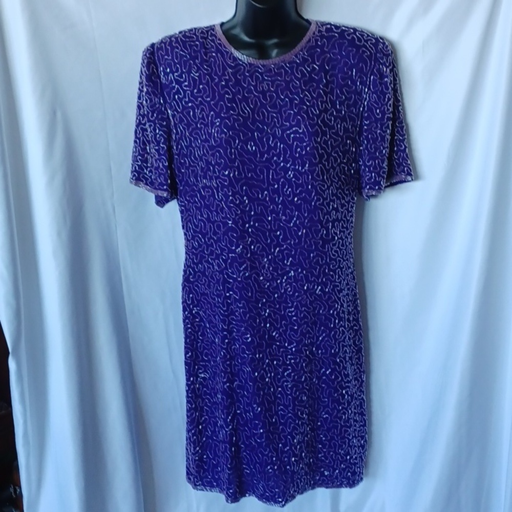 VTG Laurence Kazar Women's Sz L Silk Beaded Sheath Dress Short Sleeve Purple